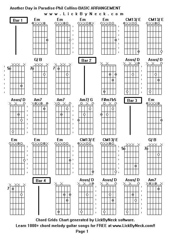 Chord Grids Chart of chord melody fingerstyle guitar song-Another Day in Paradise-Phil Collins-BASIC ARRANGEMENT,generated by LickByNeck software.